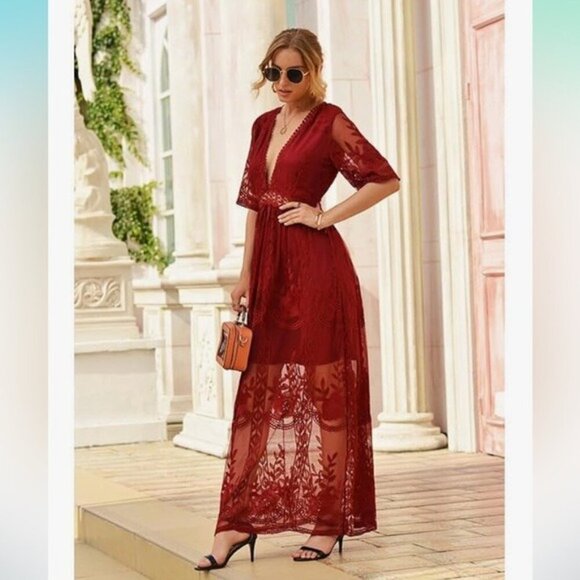 Southern Fried Chics Red Lace Maxi Dress XS NWT Romantic Boho Sheer Overlay NWT - Picture 2 of 16